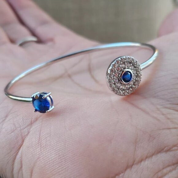 925 Sterling Silver Bracelet Blue Faux Stone Crystal Accent Cuff Wrist Band New - Picture 6 of 12